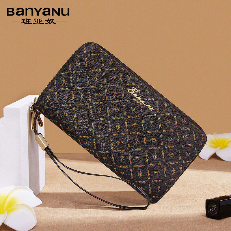 Banyanu Women's Wallet 2025 New Large Capacity Long Wallet Card Case Integrated Double Zipper Multifunctional Clutch Brown-Apricot Interior