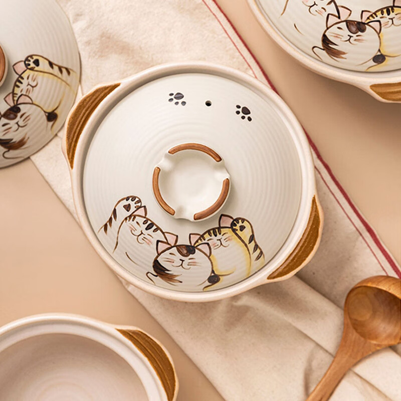 Wantu Shao Fu Mao Japanese Clay Casserole Cartoon Ceramic Porridge, Soup and Stew Meat Casserole High Temperature Resistant Gas Stove Open Flame Household Kitchen Fu Mao No. 8 Pot (Suitable for 4-5 People) 3.5L