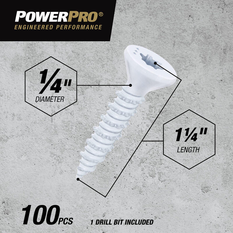Power ProPro White Flat Head Concrete Screw Anchors (1/4 x 11/4) 100 pieces