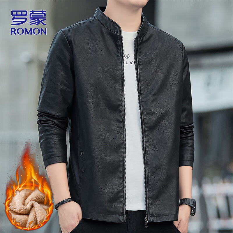 ROMON Jacket Leather Men's Autumn and Winter Jacket Men's Casual Versatile Motorcycle Men's Top Black Velvet XL