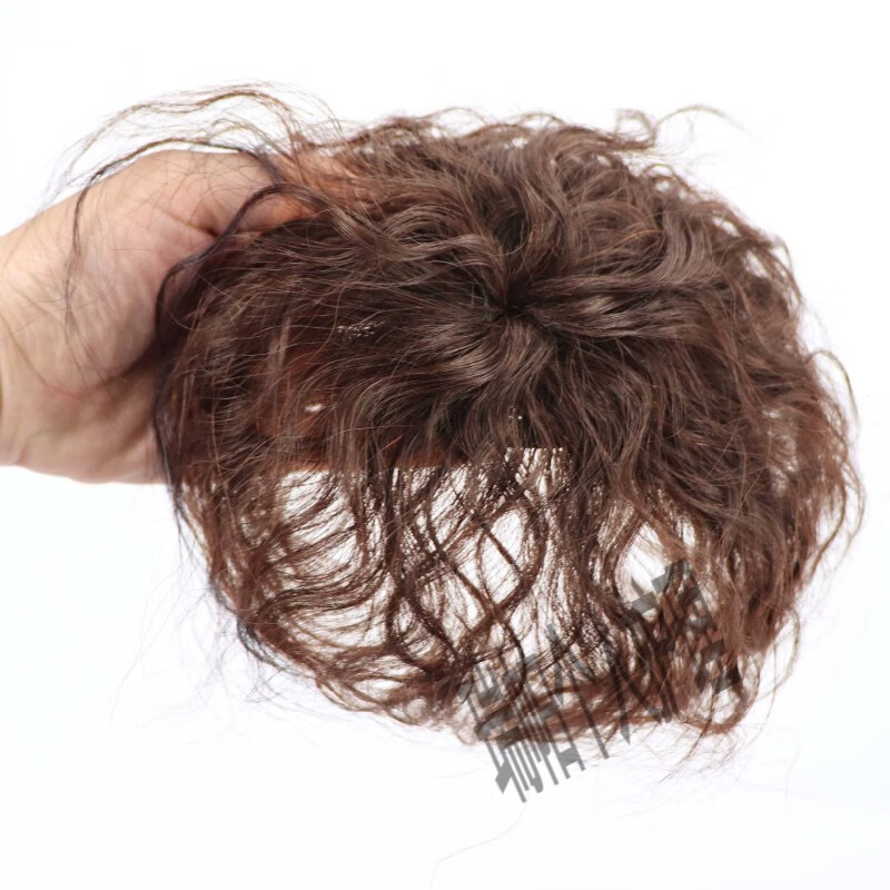 Top of head replacement hair patch for women to cover gray hair, thin and light hair growth, real hair, chemical fiber high temperature silk hair cover, wig piece, corn perm, curly hair, real hair-A2025, dark brown