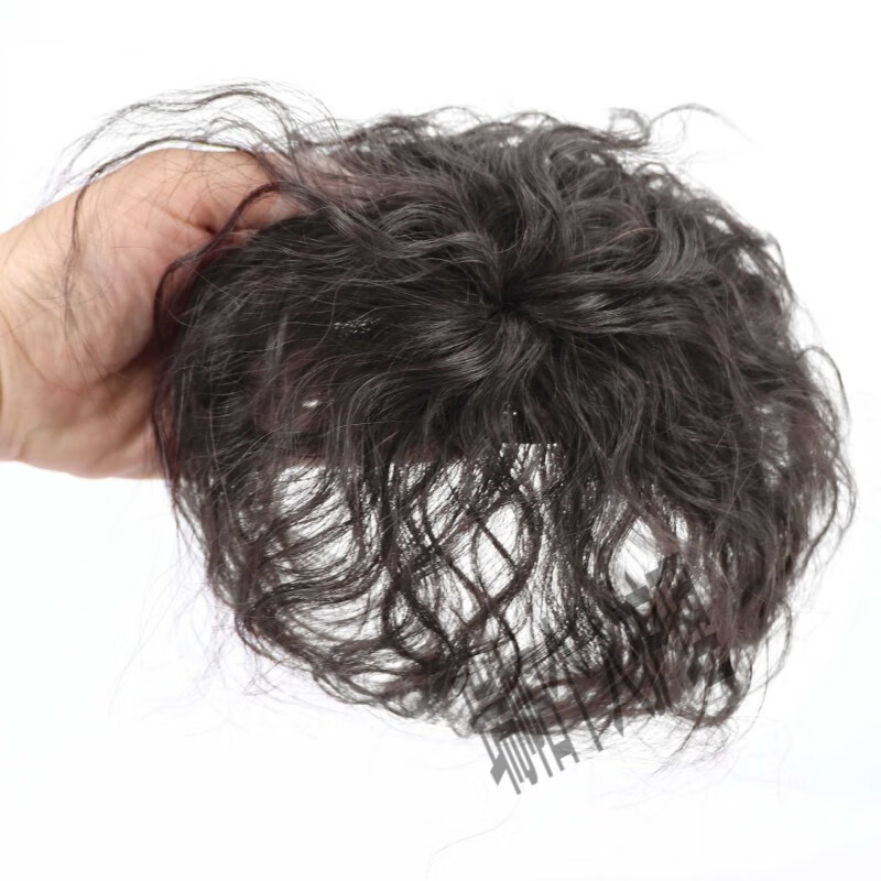 Top of head replacement hair patch for women to cover gray hair, thin and light hair growth, real hair, chemical fiber high temperature silk hair cover, wig piece, corn perm, curly hair, real hair-A2025, dark brown