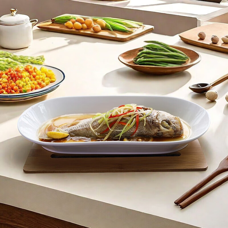 Huaqingge grilled fish plate ceramic fish plate high white porcelain household plate Western food plate 12-inch large deepened pure white steamed fish plate