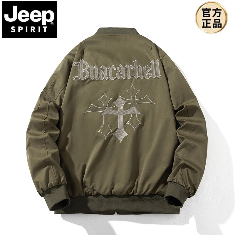 JEEP SPIRIT Spring, Autumn and Winter American High Street Bomber Jacket Loose Baseball Uniform for Men and Women Couple Trendy Brand Cotton Coat Thickened Jacket Black (Spring and Autumn Thin Style) Hoodless XL