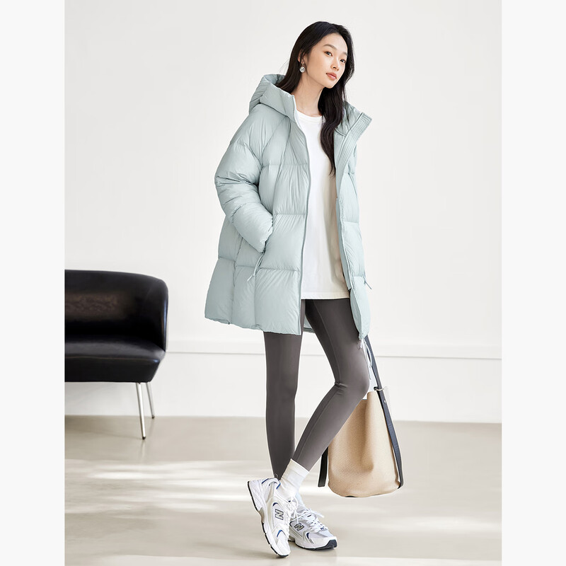 Dialogue Soufflé Puff Down Jacket Women's Mid-Length 2025 Winter New High-Filled Velvet Super Nice-Looking Hooded Jacket Eggshell Blue S