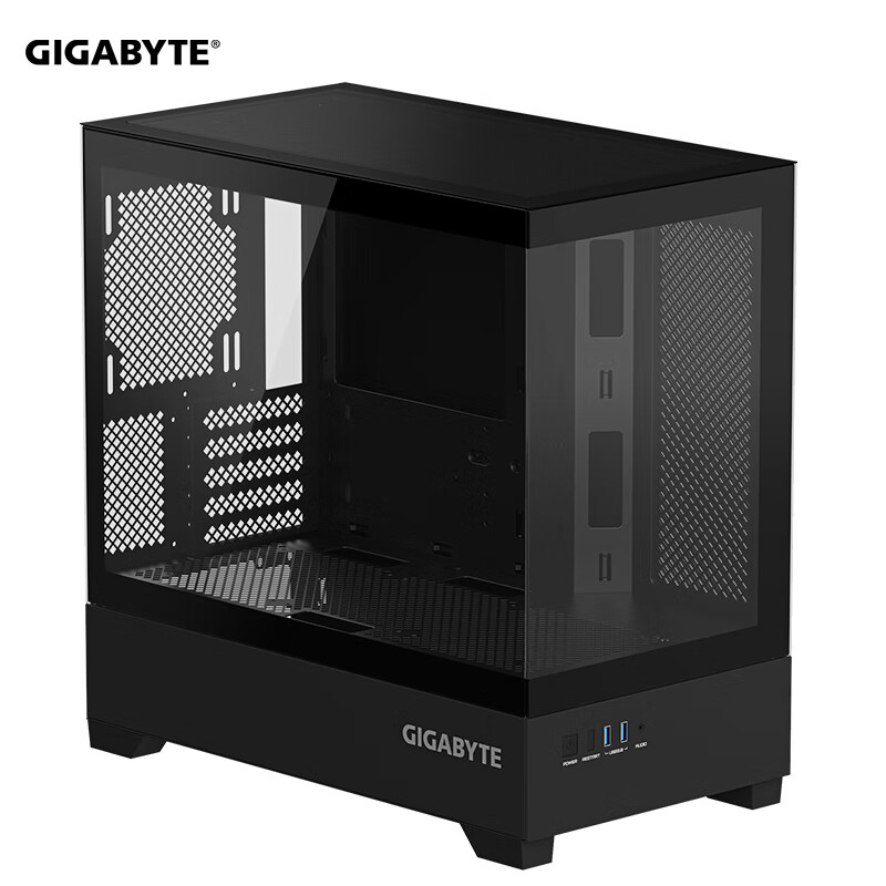 95% new GIGABYTE C201G panoramic upper and lower compartment chassis, blackened tempered glass side transparent, compatible with top 360/side 240 water cooling, quick-release dust filter, black M-ATX