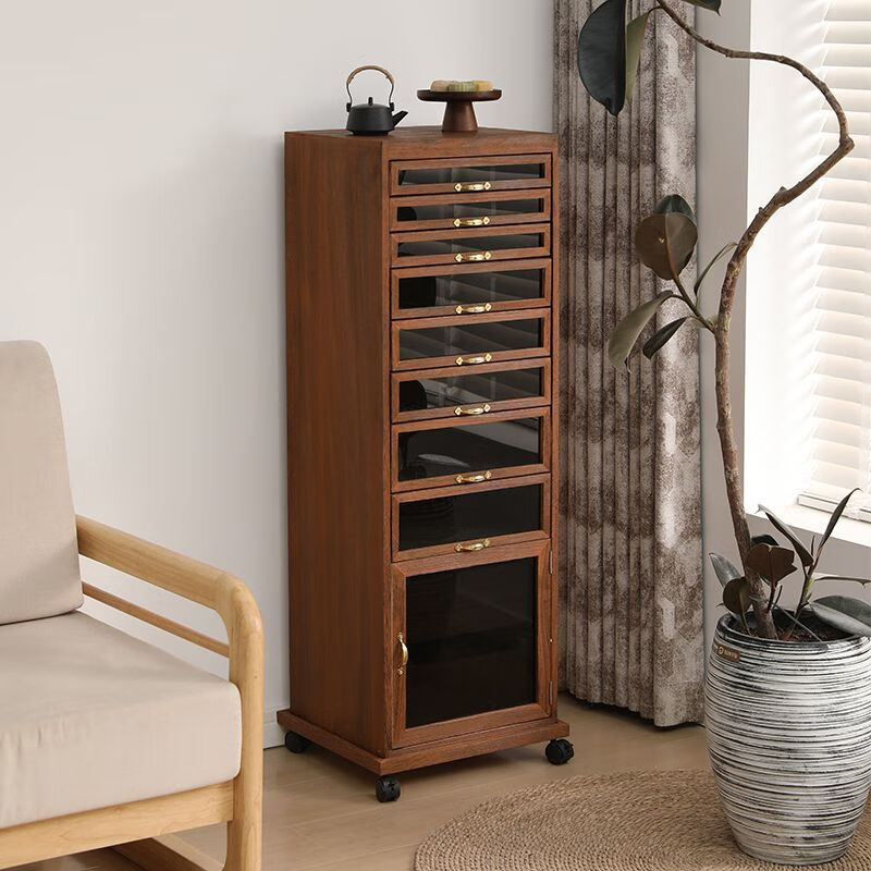 Pomelo Mansion's new walnut color solid wood veneer-free dental cabinet stationery jewelry tea set cup storage cabinet floor-standing tea cabinet walnut color small size
