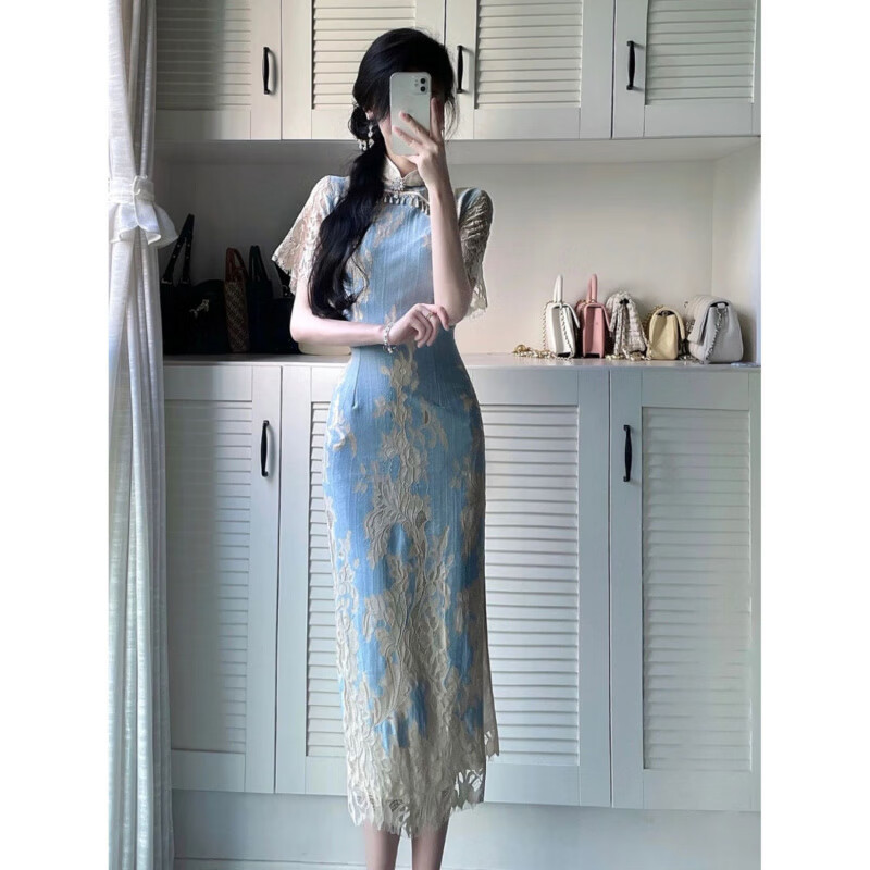 Sheng Miaoci blue cheongsam improved new Chinese style hollow lace young style high-end temperament dress 2025 new slit S recommended 85-95 catties One size fits all 9048