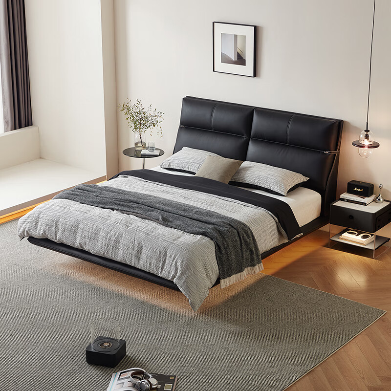 Lin's Home Gramophone Leather Soft Bed Suspended Master Bedroom King Bed Double Bed Soft Package Second-hand Wood Industry PC550 Black Brown | High Bed | Single Bed 1.8x2 Meters