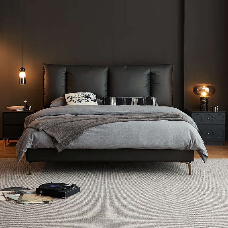 Lin's Home 1.8m cowhide master bedroom king bed double bed Italian minimalist bed floor-standing leather bed high-end luxury black whale PC667 black brown high bed optional 0 glue spine pad 1.8mx2m single bed
