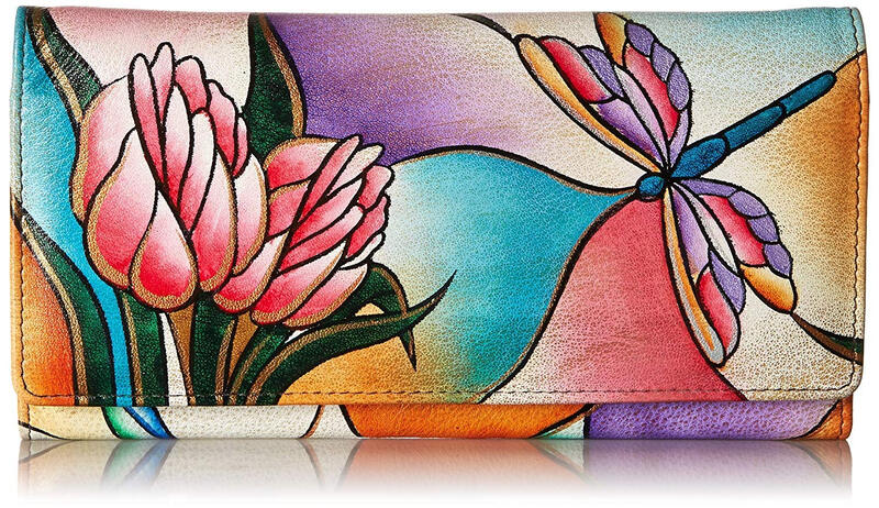 Anna by Anuschka Women's Hand-painted Genuine Leather Multi-Card Slot Wallet Dragonfly Flower Art 18 Card Slots Dragonfly Glass Painting One Size