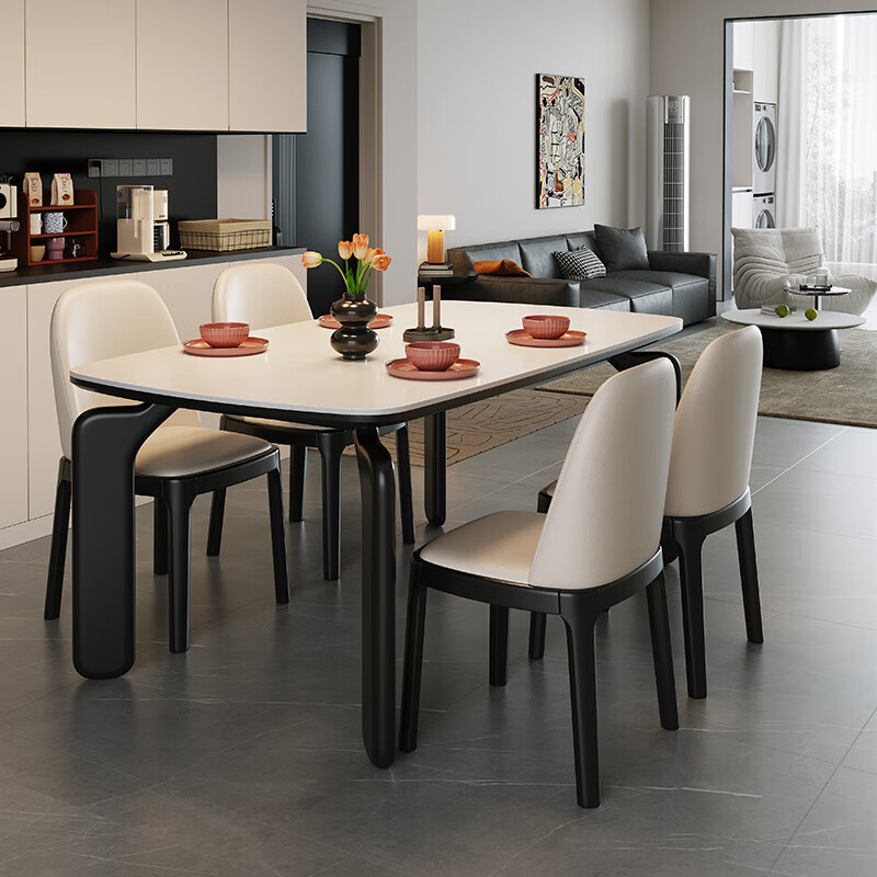 Chenchao solid wood slate dining table 2026 new elephant leg retro style western dining table for home small apartment dining table and chair combination style black-glossy snow mountain white slate-horn chair 1.38 meters one table and four chairs