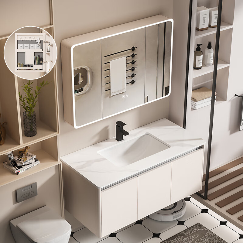 MUlisi thickened honeycomb aluminum bathroom cabinet combination intelligent integrated ceramic basin bathroom cabinet washstand bathroom washbasin cabinet 60*40 khaki + ceramic basin + mirror cabinet