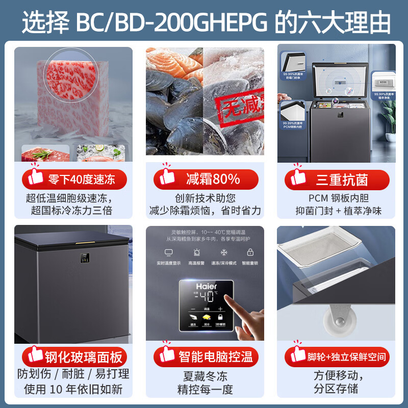 Haier ultra-low temperature seafood cabinet minus -40 degrees freezer household 200/300 liters small size no need for frequent defrosting first class energy efficiency commercial large capacity 200 liters high-end color crystal glass door minus 40 degrees丨electronic temperature control