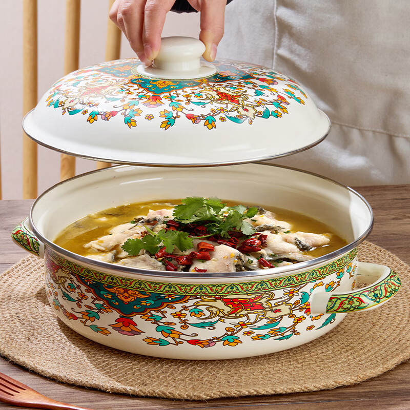 Yupinjia enamel basin old-fashioned pickled fish basin with lid household binaural large boiled fish spicy soup bowl lard basin enamel pickled fish large basin bowl