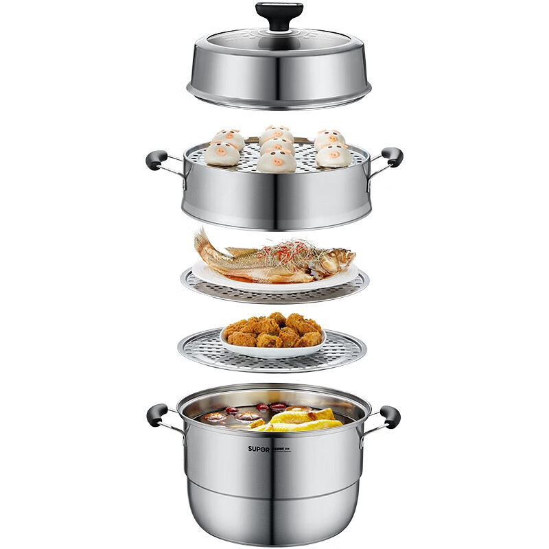 SUPOR steamer 304 stainless steel steamed bun pot thickened double bottom soup pot three-layer steamer household lightweight large-capacity pot upgraded and easy to take - 3 layers - 26cm