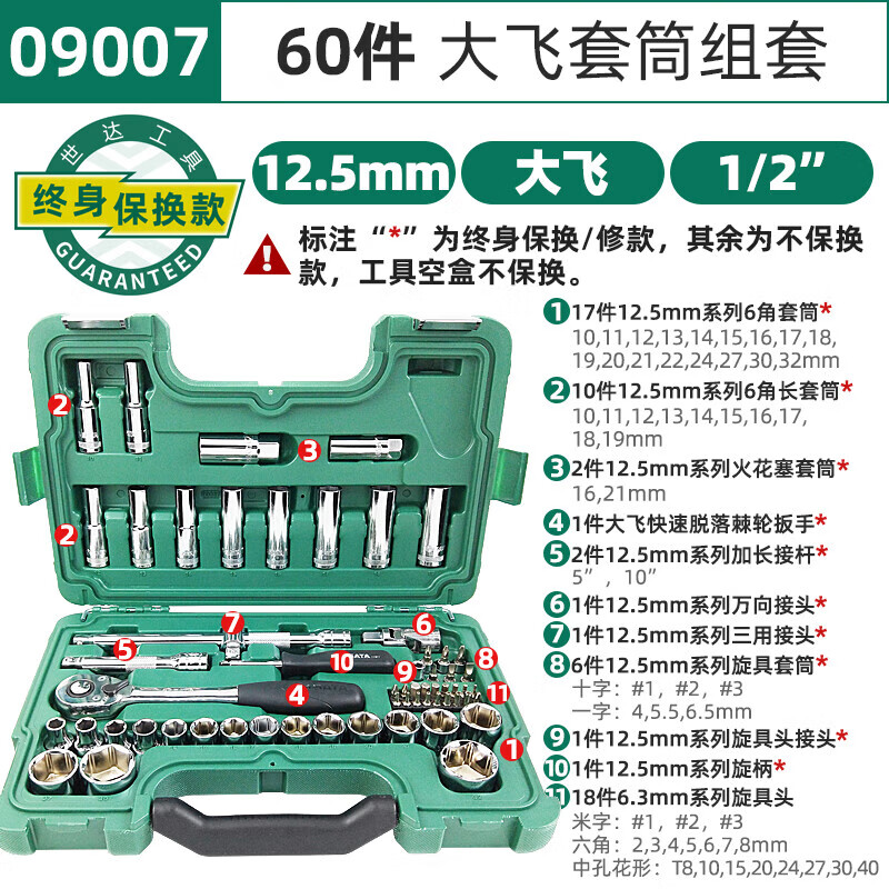 SATA 60-piece 12.5MM series car repair Dafei fast ratchet plate glove sleeve set auto repair tool set 09007