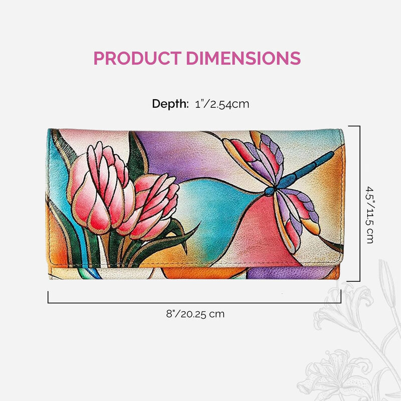 Anna by Anuschka Women's Hand-painted Genuine Leather Multi-Card Slot Wallet Dragonfly Flower Art 18 Card Slots Dragonfly Glass Painting One Size