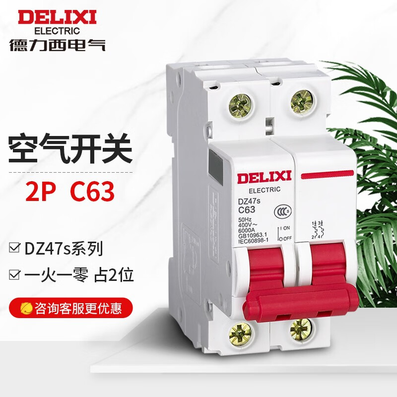 Delixi electrical air switch 2p household single-phase main switch circuit breaker air switch 63A