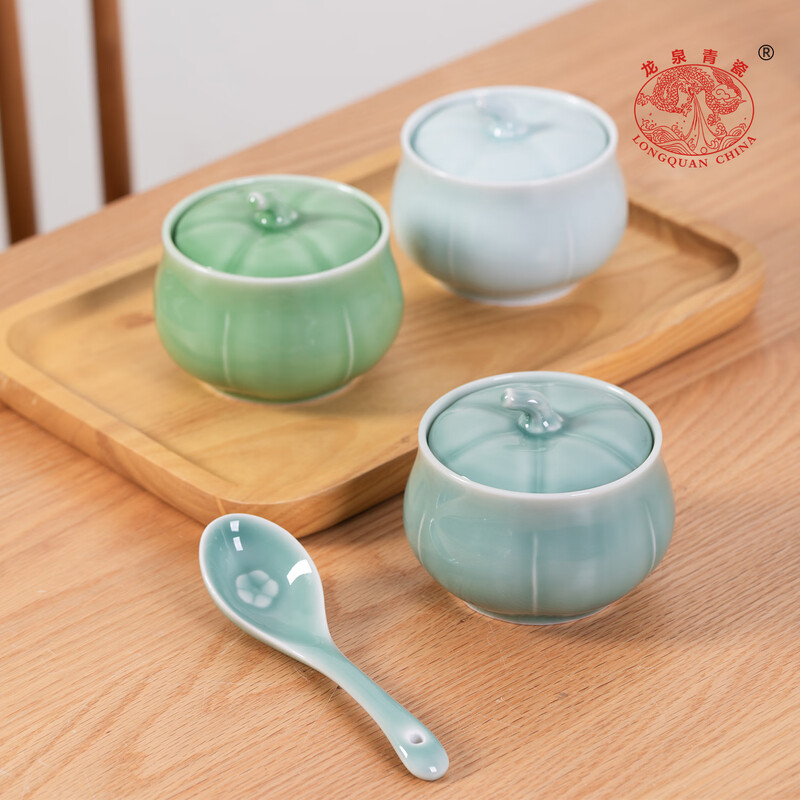 Longquan celadon stew pot ceramic water-proof stew household steamed vegetable egg custard with lid ceramic soup cup bird's nest stew pot with steamed egg bowl for soup Tianqing