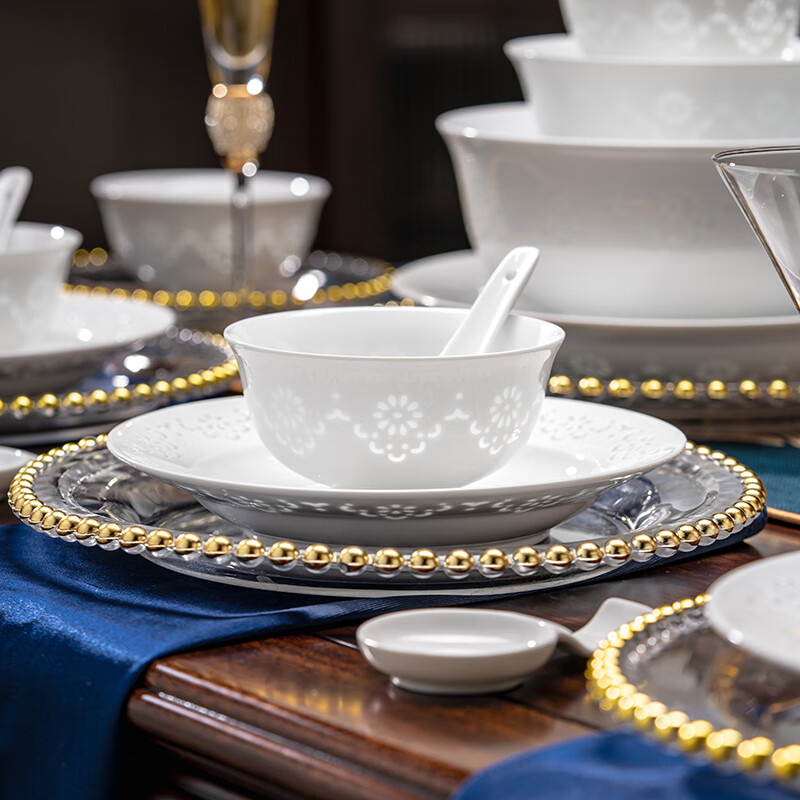Rich Jade Exquisite Tableware Set Pure White Dishes Set Jingdezhen New Home Use High-end Light Luxury Youmeng Tableware Set 30 Pieces