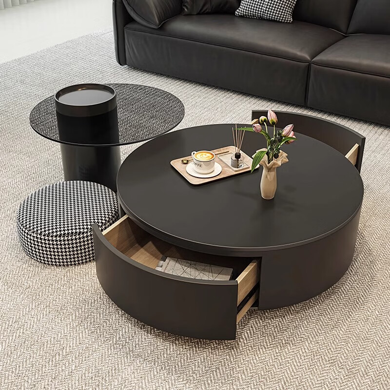 Qingziyou high-end slate coffee table living room light luxury coffee table size apartment household table gray glass round modern simple coffee table black cabinet black slate single coffee table single drawer 70CM