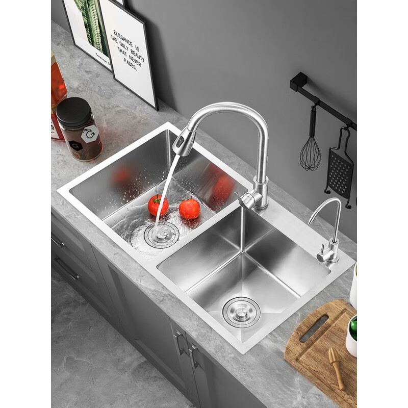 Ye Yu kitchen sink double-slot SUS304 stainless steel hand-made thickened dish basin package above and below the counter hand washing sink 72*40 round faucet package (plus