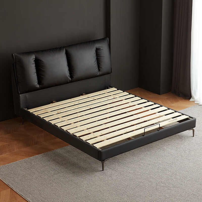 Lin's Home 1.8m cowhide master bedroom king bed double bed Italian minimalist bed floor-standing leather bed high-end luxury black whale PC667 black brown high bed optional 0 glue spine pad 1.8mx2m single bed