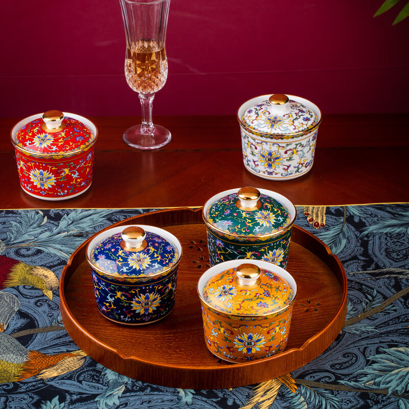 Wo Zhiwo Jingdezhen stew cup household small soup cup single ceramic soup cup with lid shark fin enamel hotel table setting Phnom Penh yellow wrapped branches three-piece set