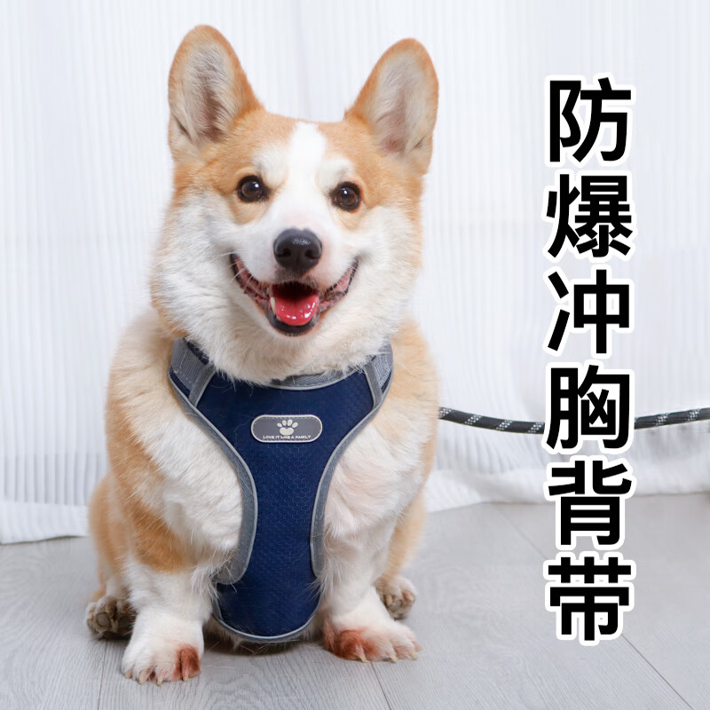 No-pet explosion-proof pet harness, dog leash, small and medium-sized dog Corgi Shiba Inu vest-type harness pet collar, dark blue, including 1.5m leash M, recommended 14-26 catties