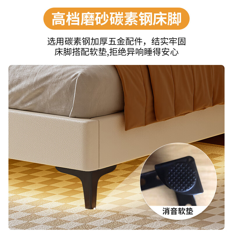 Langxiang solid wood double bed 1.8 meters 2 meters row frame edge frame leather bed master bedroom cream style wedding bed furniture bed + 20cm independent spring mattress 1.8*2 meters