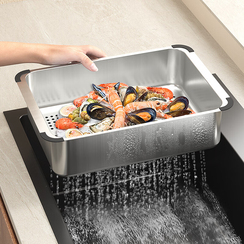Jingji sink drain basket kitchen vegetable basket stainless steel filter thickened drain basin for washing fruits and vegetables drain basin stainless steel brushed silver 385*250*100mm
