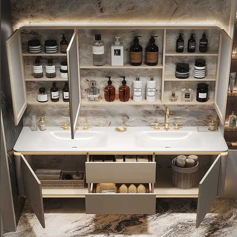 Zimu Yaju double basin cream style bathroom cabinet slate hot-bent integrated basin wash basin cabinet combination oak bathroom washbasin cabinet 08 meters Internet celebrity mirror slate seamless basin paint cabinet