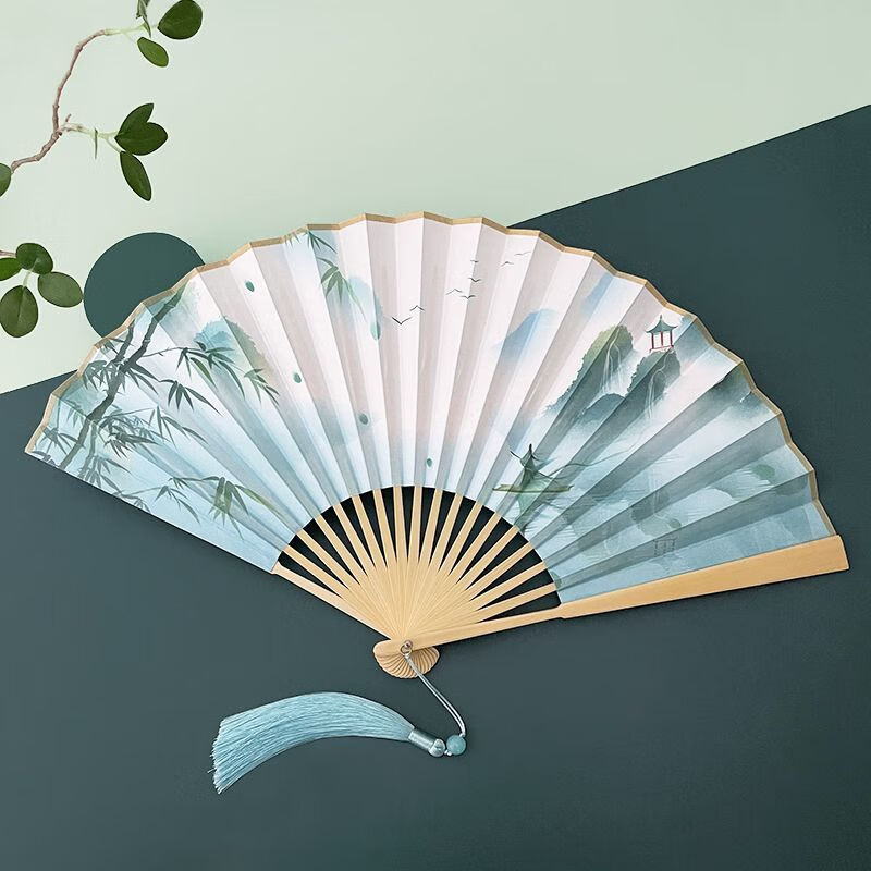 Chaosihui 8-inch folding fan Chinese style ancient style double-sided silk cloth 18 square men and women fresh folding fan Shangchunshan dance fan D3-3 mountain green original bone 8 inches