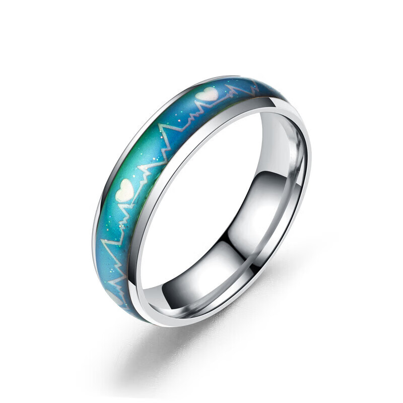 Titanium steel temperature-sensitive electrocardiogram ring ring female heartbeat couple stainless steel ring temperature-sensitive ring blue and white No. 7