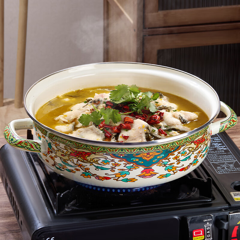 Yupinjia enamel basin old-fashioned pickled fish basin with lid household binaural large boiled fish spicy soup bowl lard basin enamel pickled fish large basin bowl