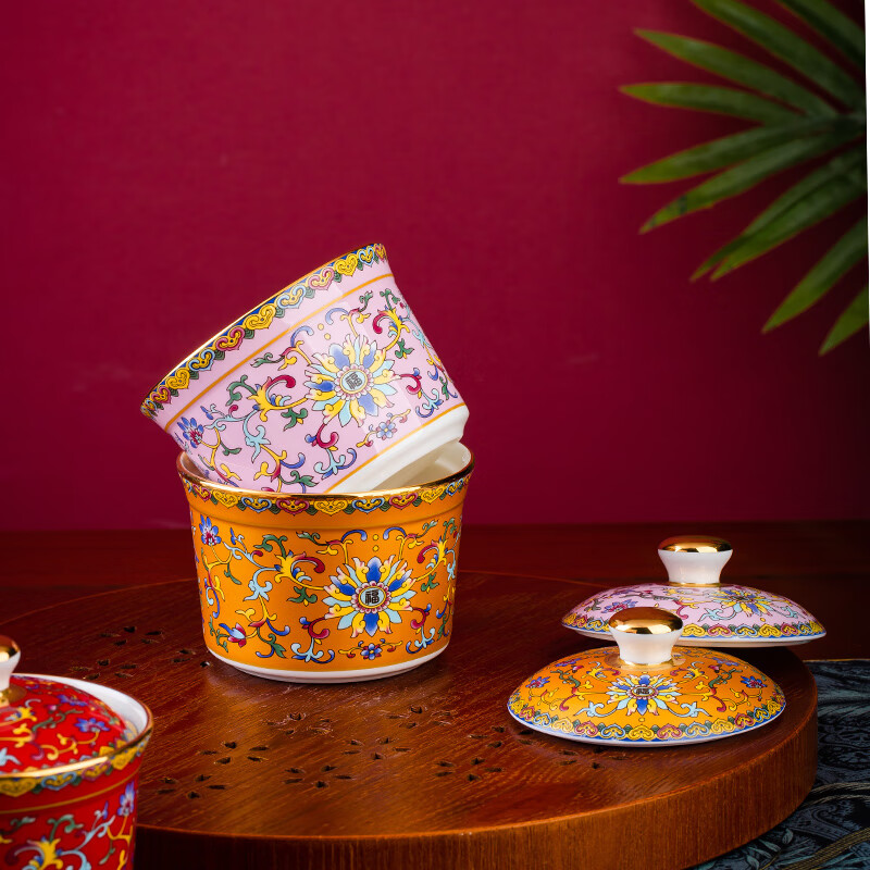 Wo Zhiwo Jingdezhen stew cup household small soup cup single ceramic soup cup with lid shark fin enamel hotel table setting Phnom Penh yellow wrapped branches three-piece set