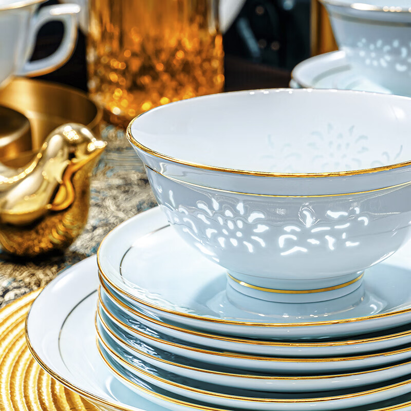 Moyu Jingdezhen original mine glazed kaolin 1380 celadon exquisite tableware complete bowl and plate set household dishes housewarming gold edge celadon exquisite underglaze color leather case 70 pieces