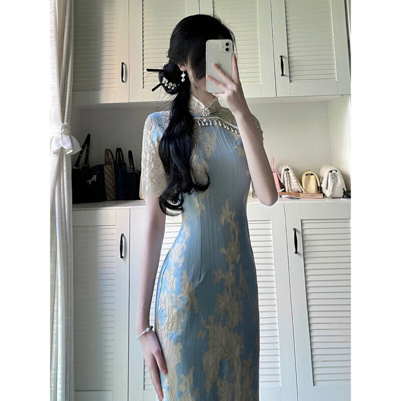 Sheng Miaoci blue cheongsam improved new Chinese style hollow lace young style high-end temperament dress 2025 new slit S recommended 85-95 catties One size fits all 9048