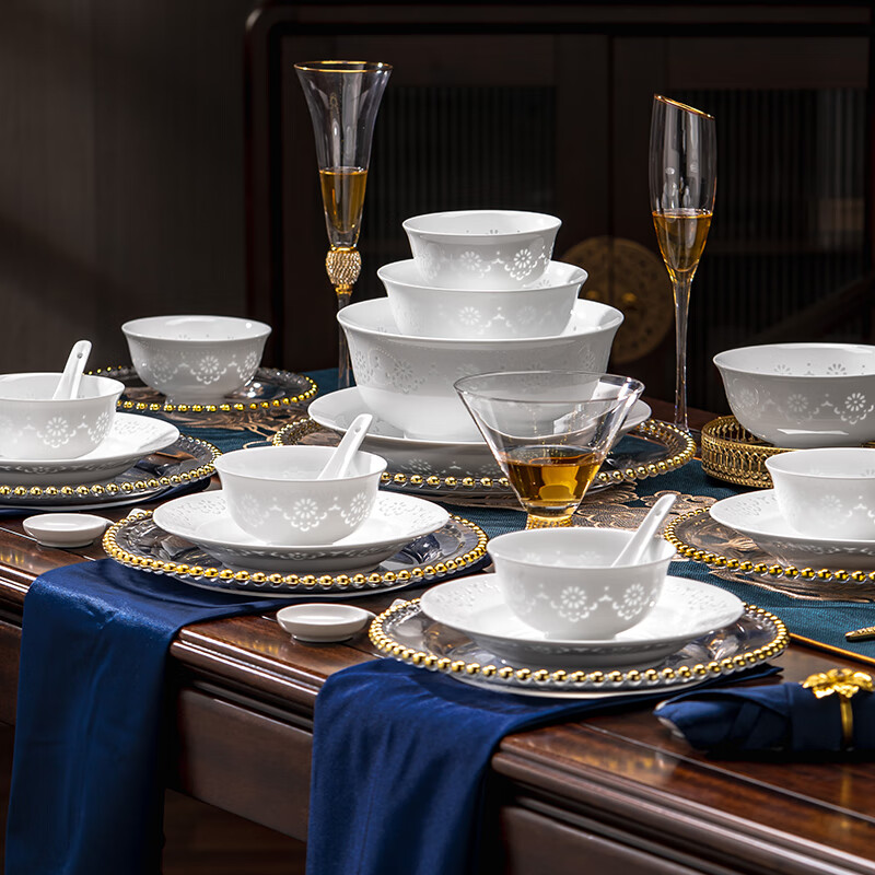 Rich Jade Exquisite Tableware Set Pure White Dishes Set Jingdezhen New Home Use High-end Light Luxury Youmeng Tableware Set 30 Pieces