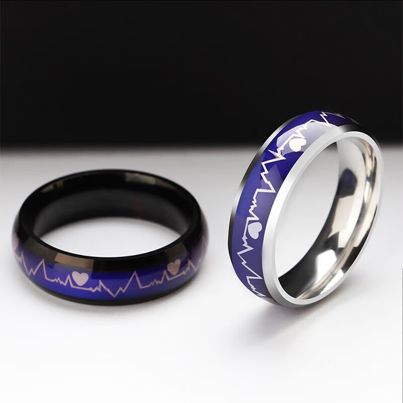 Titanium steel temperature-sensitive electrocardiogram ring ring female heartbeat couple stainless steel ring temperature-sensitive ring blue and white No. 7