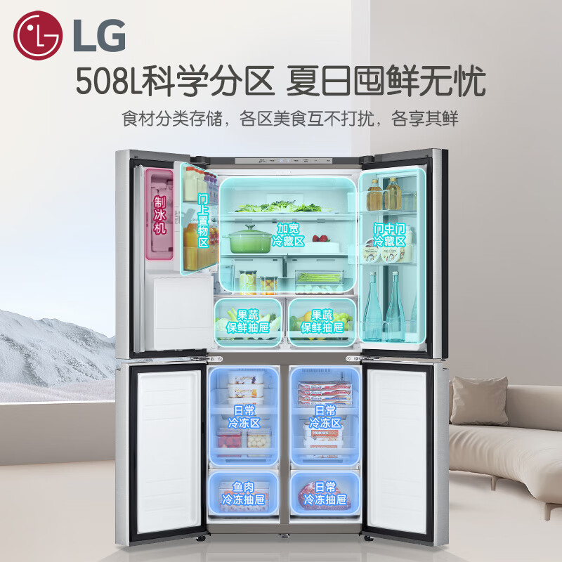 LG Knock Knock 508L cross-shaped four-door ice-making refrigerator flat-screen embedded panoramic perspective window door-in-door fully automatic ice-making refrigerator air-cooled frost-free F544MMB95D silver