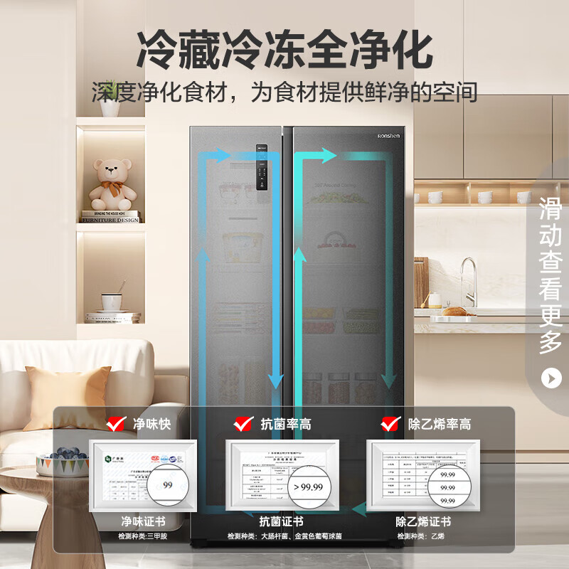Rongsheng 547 liter double door side-by-side refrigerator household first-class energy efficiency energy-saving frequency conversion air-cooled frost-free ultra-thin large capacity BCD-547WD12HP home appliances national subsidy side-by-side door ion purifier 547L