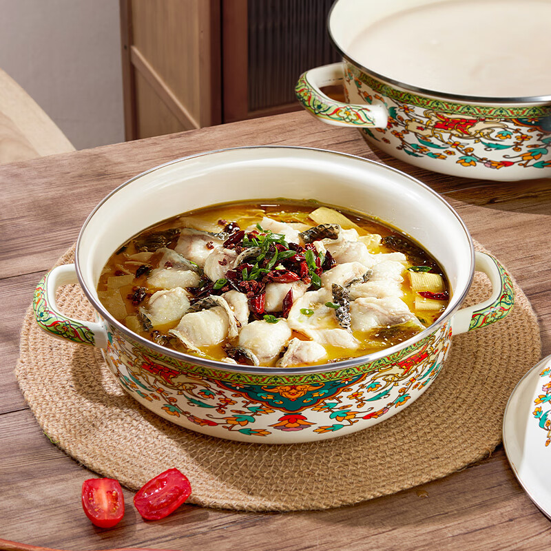 Yupinjia enamel basin old-fashioned pickled fish basin with lid household binaural large boiled fish spicy soup bowl lard basin enamel pickled fish large basin bowl