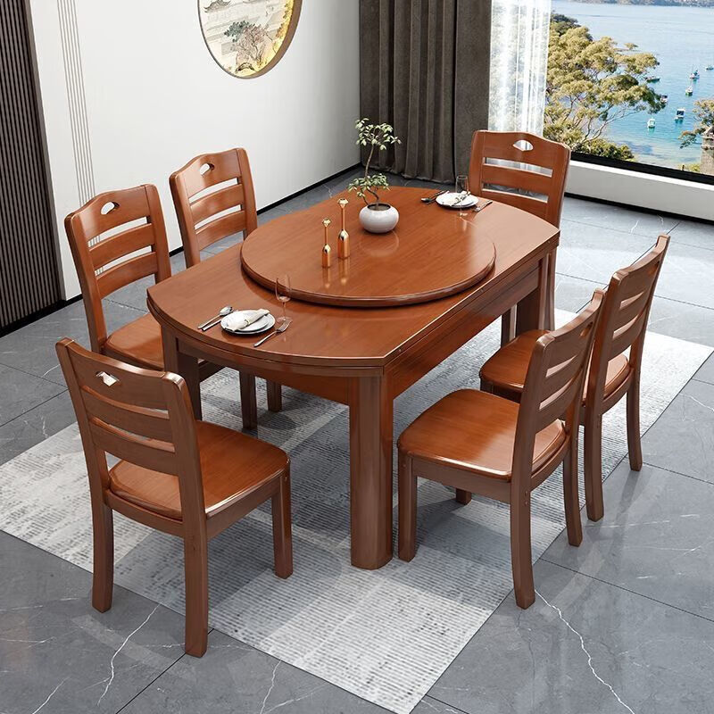 All solid wood dining table and chairs retractable and foldable modern simple retractable and foldable small household variable round table dining table walnut color 1.2m single table without chairs Comes with turntable package for installation