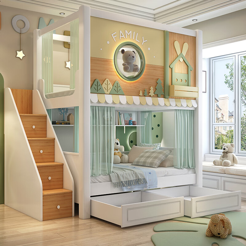 Lukashi children's solid wood double-layer bunk bed, high and low bunk bed for boys and girls, princess bed, same width and high guardrail bed, loft bed + high box + ladder cabinet + 2 mattresses 1.35*1.9 meters (same width as top and bottom)