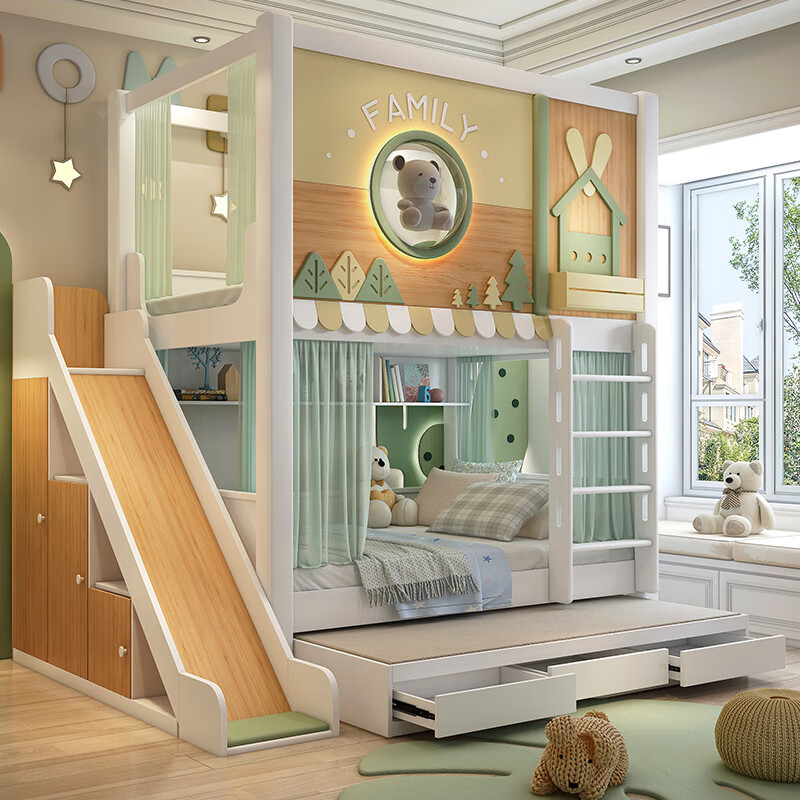 Lukashi children's solid wood double-layer bunk bed, high and low bunk bed for boys and girls, princess bed, same width and high guardrail bed, loft bed + high box + ladder cabinet + 2 mattresses 1.35*1.9 meters (same width as top and bottom)