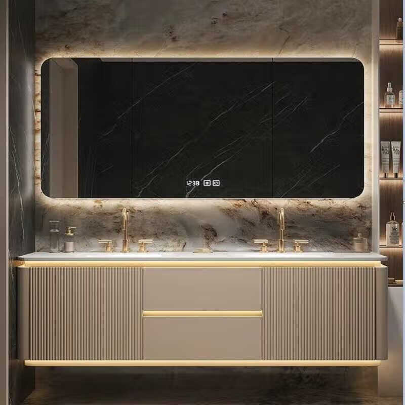 Zimu Yaju double basin cream style bathroom cabinet slate hot-bent integrated basin wash basin cabinet combination oak bathroom washbasin cabinet 08 meters Internet celebrity mirror slate seamless basin paint cabinet