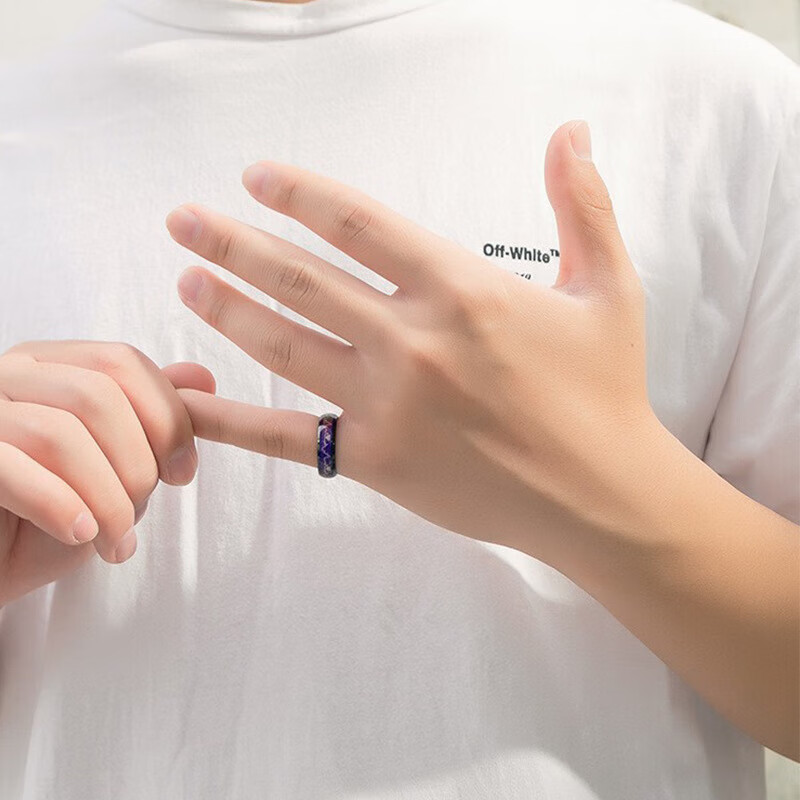 Titanium steel temperature-sensitive electrocardiogram ring ring female heartbeat couple stainless steel ring temperature-sensitive ring blue and white No. 7