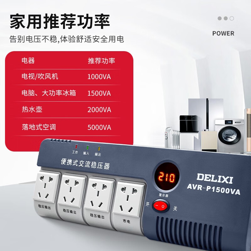 DELIXI ELECTRIC Delixi single-phase AC voltage regulator home air conditioner computer TV 220V fully automatic power socket plug-in type 1500VA AVRA1P5